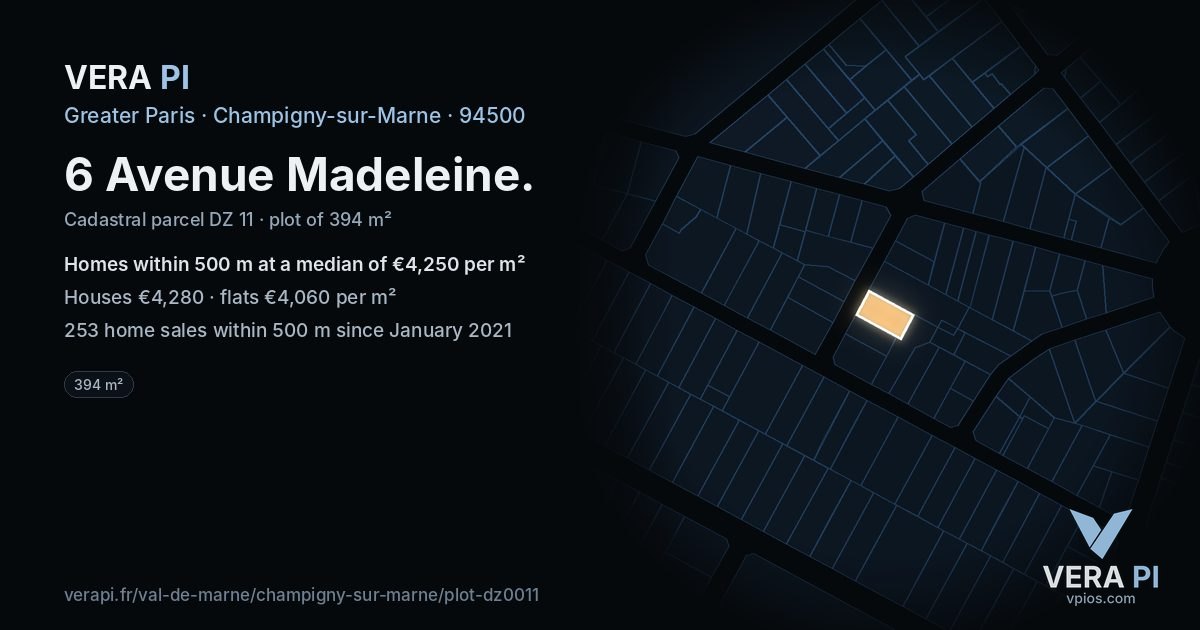 6 Avenue Madeleine, Champigny-sur-Marne at night – the plot lit, the parcels around coloured by the prices near them