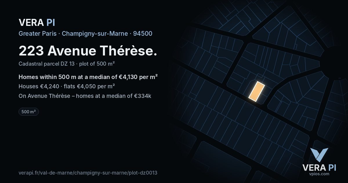 223 Avenue Thérèse, Champigny-sur-Marne at night – the plot lit, the parcels around coloured by the prices near them
