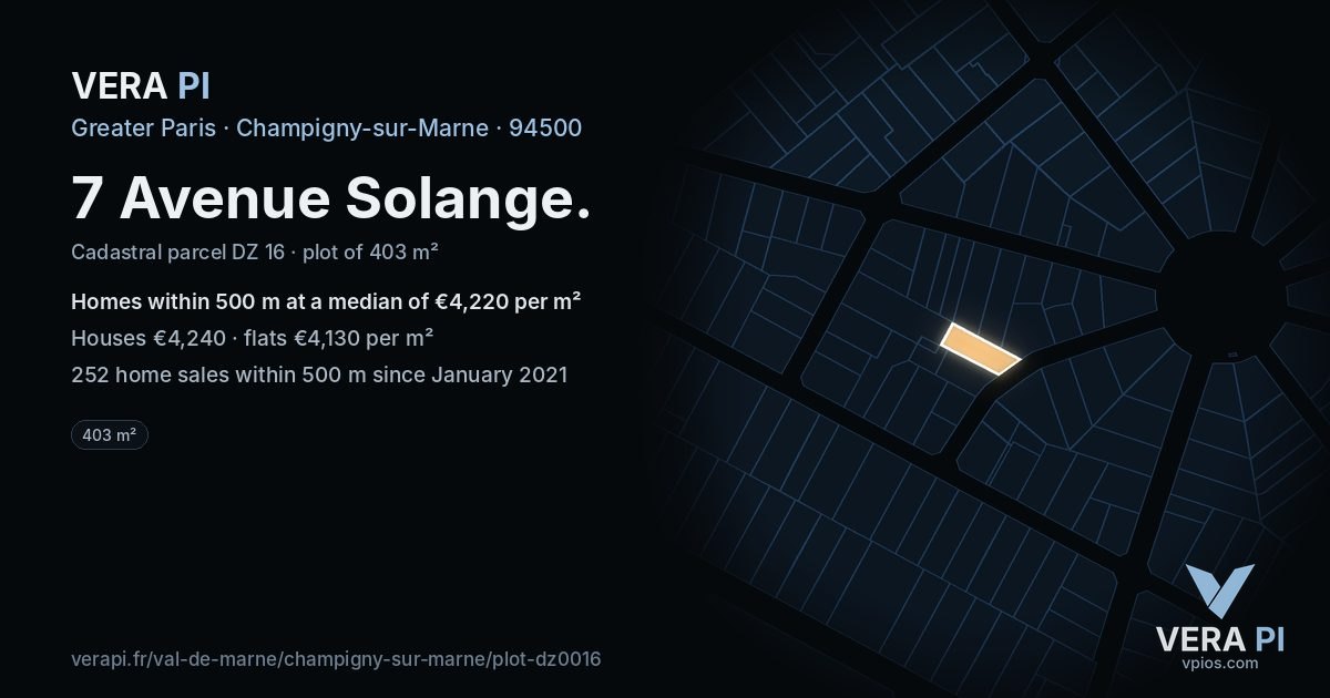 7 Avenue Solange, Champigny-sur-Marne at night – the plot lit, the parcels around coloured by the prices near them