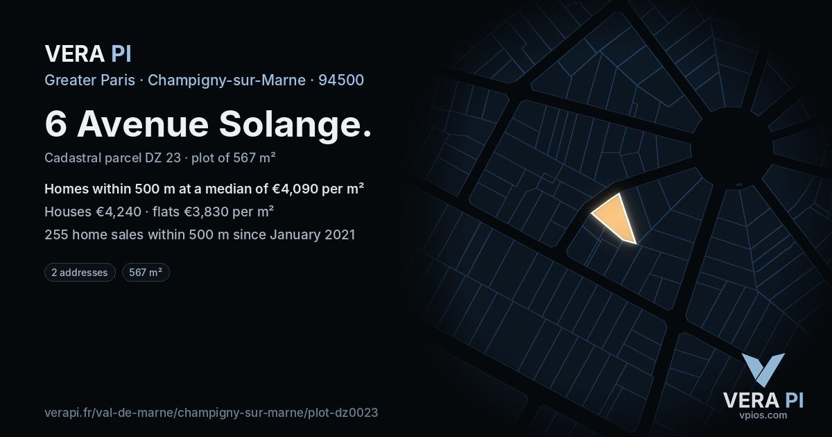 6 Avenue Solange, Champigny-sur-Marne at night – the plot lit, the parcels around coloured by the prices near them