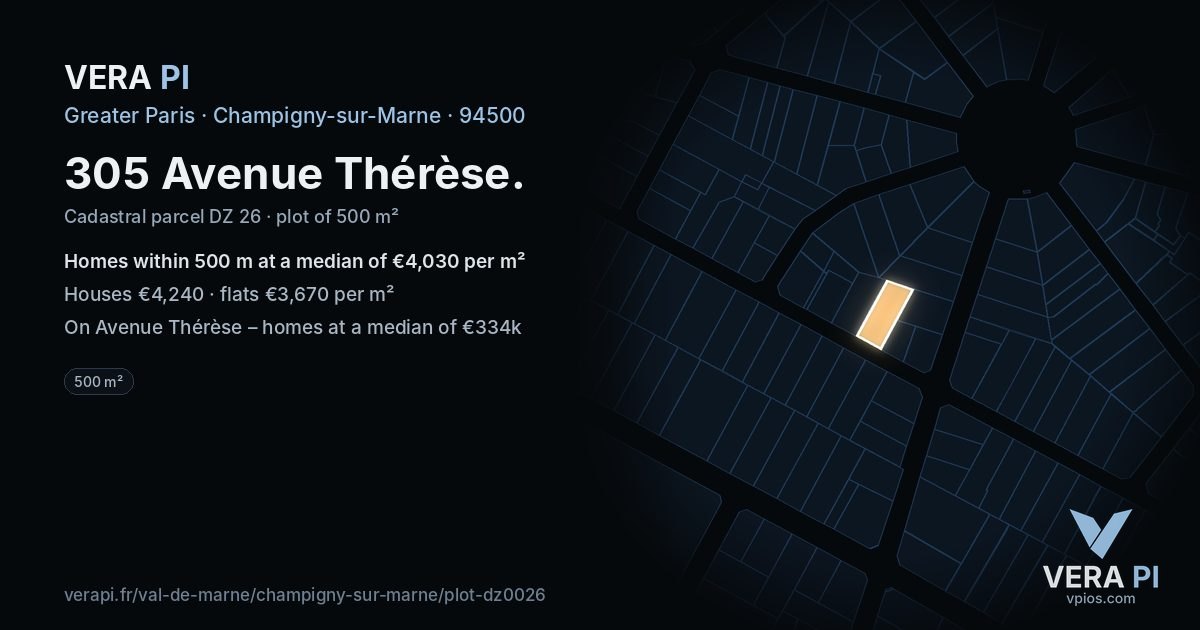 305 Avenue Thérèse, Champigny-sur-Marne at night – the plot lit, the parcels around coloured by the prices near them