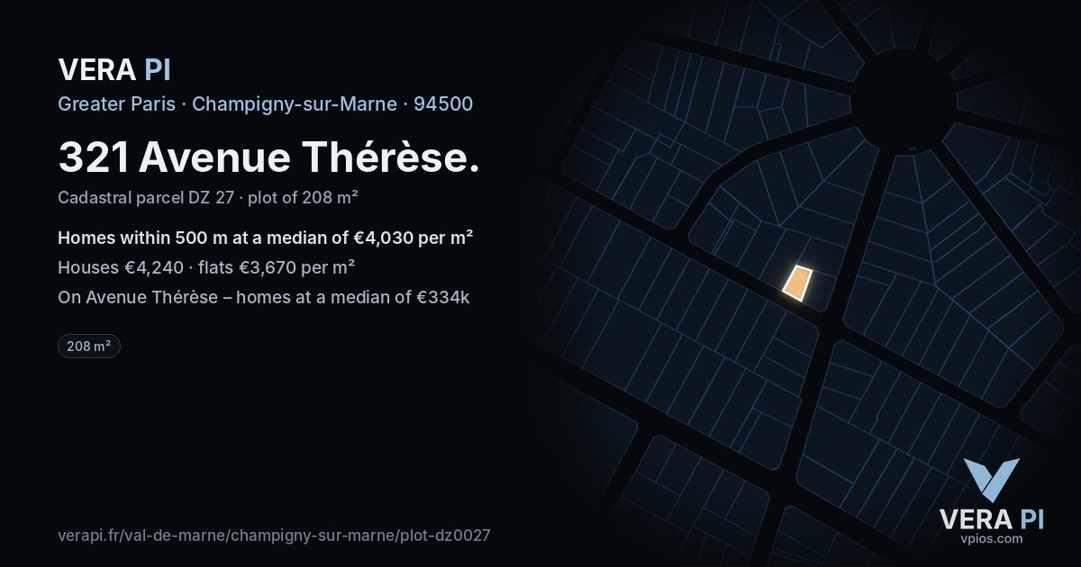 321 Avenue Thérèse, Champigny-sur-Marne at night – the plot lit, the parcels around coloured by the prices near them