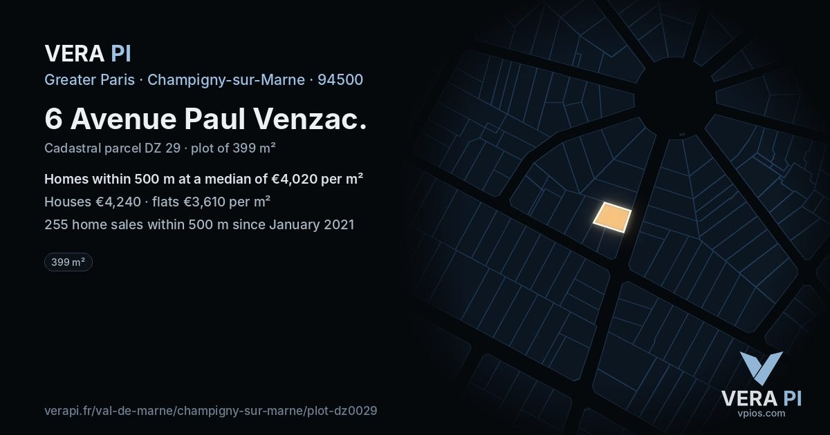 6 Avenue Paul Venzac, Champigny-sur-Marne at night – the plot lit, the parcels around coloured by the prices near them