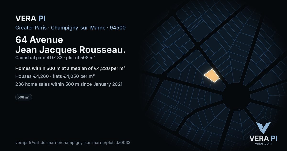 64 Avenue Jean Jacques Rousseau, Champigny-sur-Marne at night – the plot lit, the parcels around coloured by the prices near them