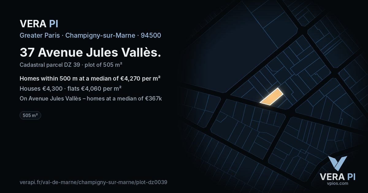 37 Avenue Jules Vallès, Champigny-sur-Marne at night – the plot lit, the parcels around coloured by the prices near them