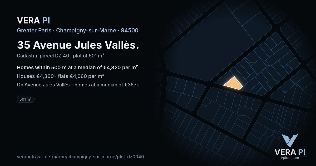35 Avenue Jules Vallès, Champigny-sur-Marne at night – the plot lit, the parcels around coloured by the prices near them