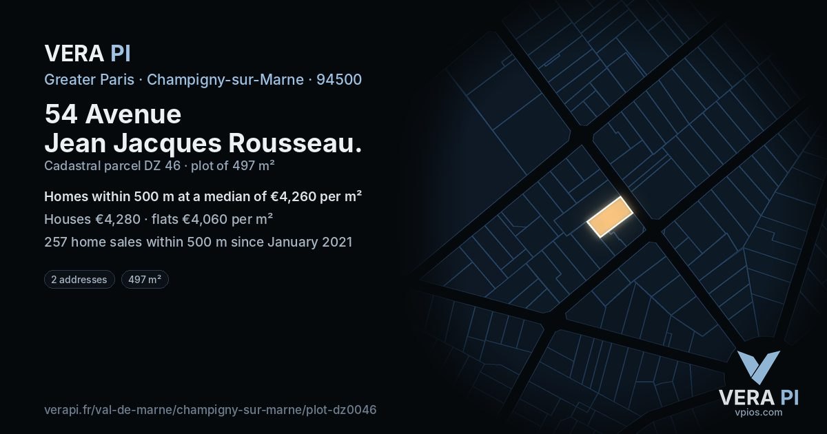 54 Avenue Jean Jacques Rousseau, Champigny-sur-Marne at night – the plot lit, the parcels around coloured by the prices near them