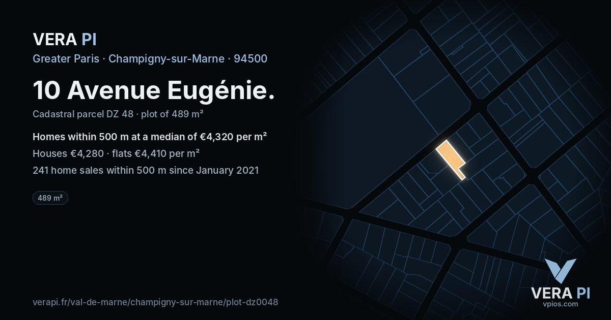10 Avenue Eugénie, Champigny-sur-Marne at night – the plot lit, the parcels around coloured by the prices near them