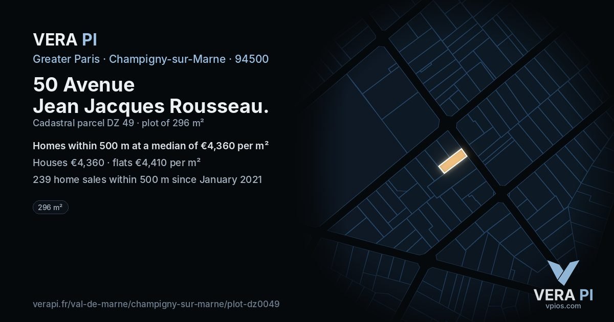 50 Avenue Jean Jacques Rousseau, Champigny-sur-Marne at night – the plot lit, the parcels around coloured by the prices near them
