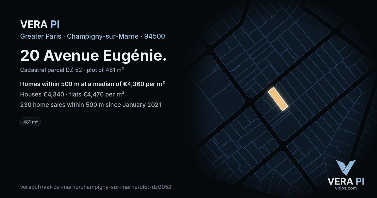 20 Avenue Eugénie, Champigny-sur-Marne at night – the plot lit, the parcels around coloured by the prices near them