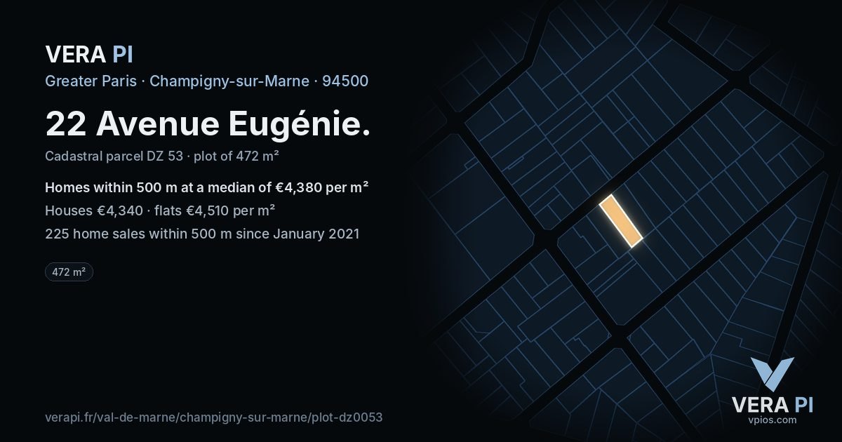 22 Avenue Eugénie, Champigny-sur-Marne at night – the plot lit, the parcels around coloured by the prices near them