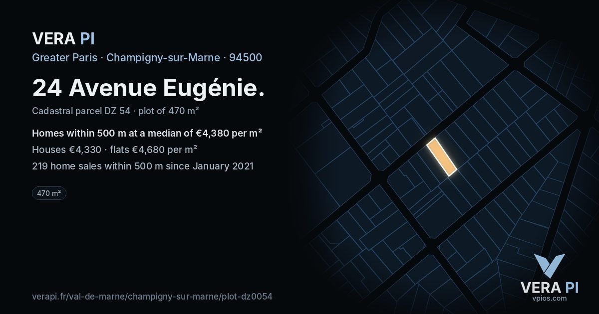 24 Avenue Eugénie, Champigny-sur-Marne at night – the plot lit, the parcels around coloured by the prices near them
