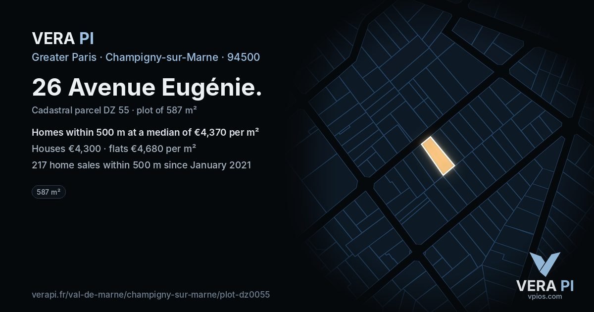 26 Avenue Eugénie, Champigny-sur-Marne at night – the plot lit, the parcels around coloured by the prices near them