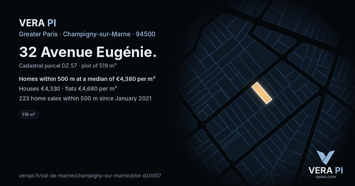 32 Avenue Eugénie, Champigny-sur-Marne at night – the plot lit, the parcels around coloured by the prices near them