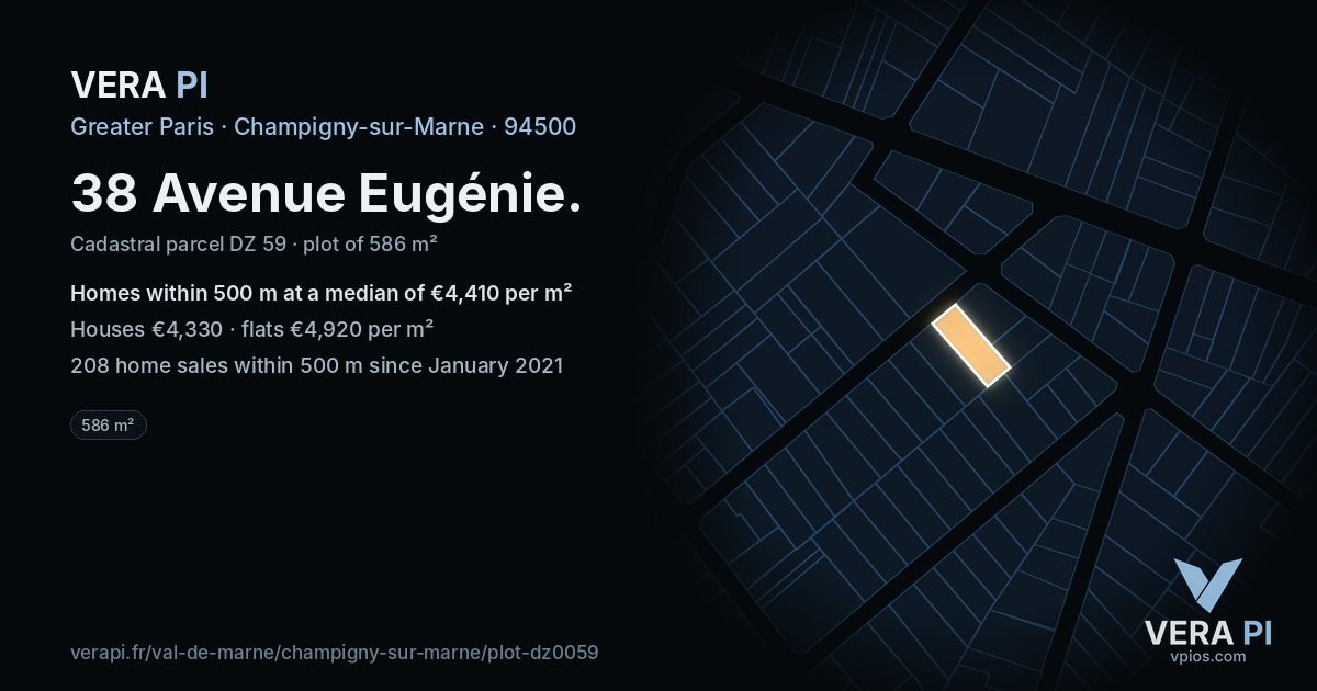 38 Avenue Eugénie, Champigny-sur-Marne at night – the plot lit, the parcels around coloured by the prices near them