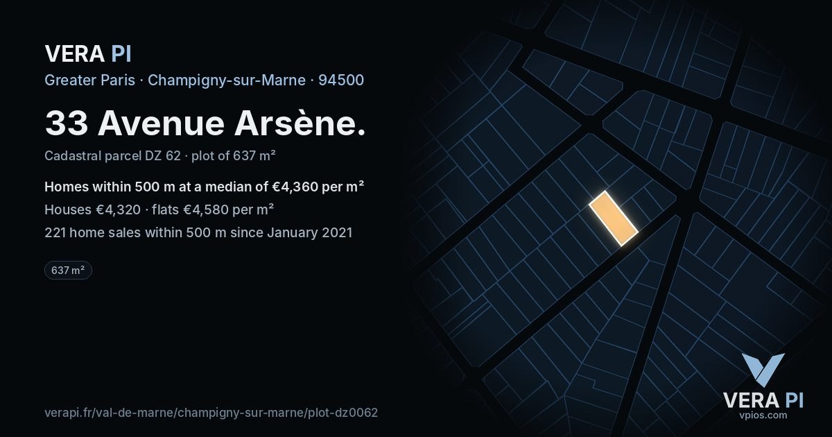 33 Avenue Arsène, Champigny-sur-Marne at night – the plot lit, the parcels around coloured by the prices near them