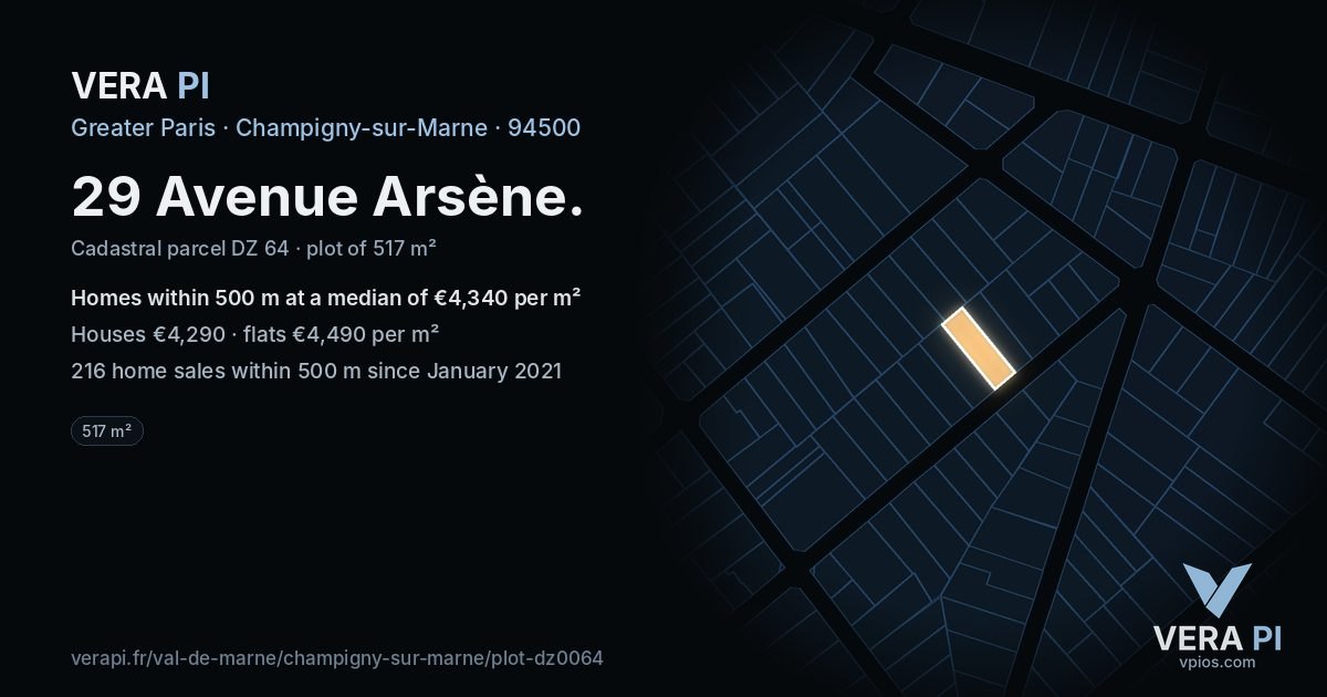 29 Avenue Arsène, Champigny-sur-Marne at night – the plot lit, the parcels around coloured by the prices near them
