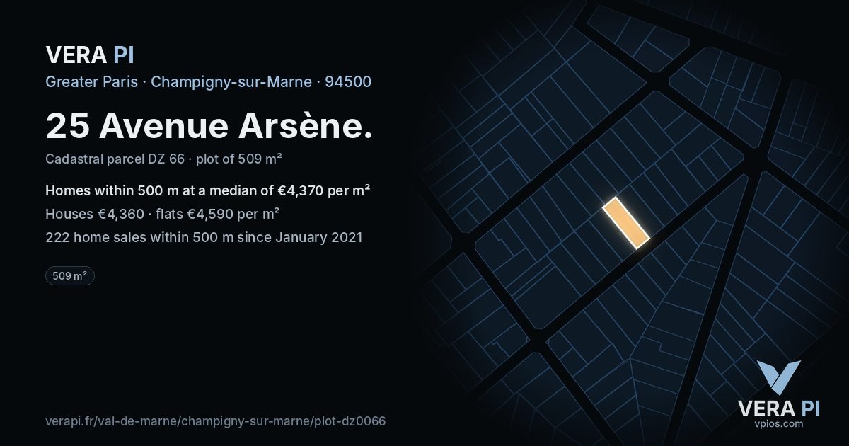 25 Avenue Arsène, Champigny-sur-Marne at night – the plot lit, the parcels around coloured by the prices near them