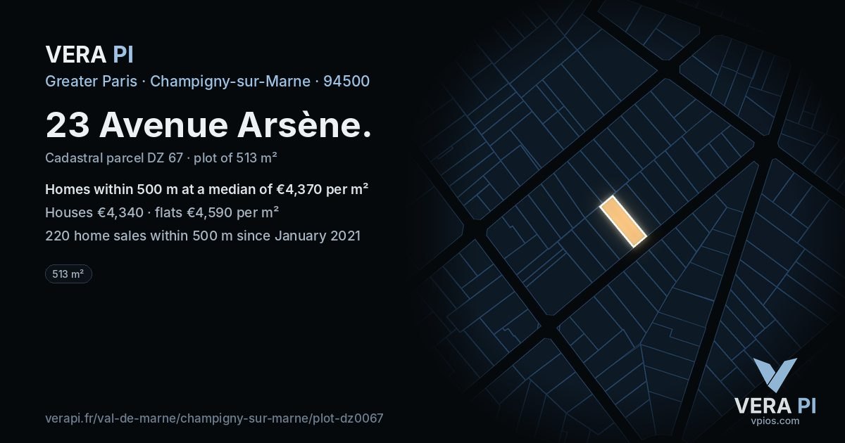 23 Avenue Arsène, Champigny-sur-Marne at night – the plot lit, the parcels around coloured by the prices near them