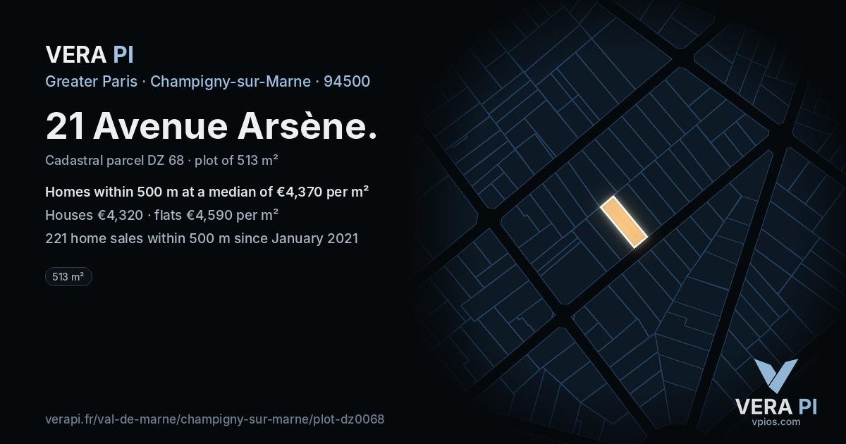 21 Avenue Arsène, Champigny-sur-Marne at night – the plot lit, the parcels around coloured by the prices near them