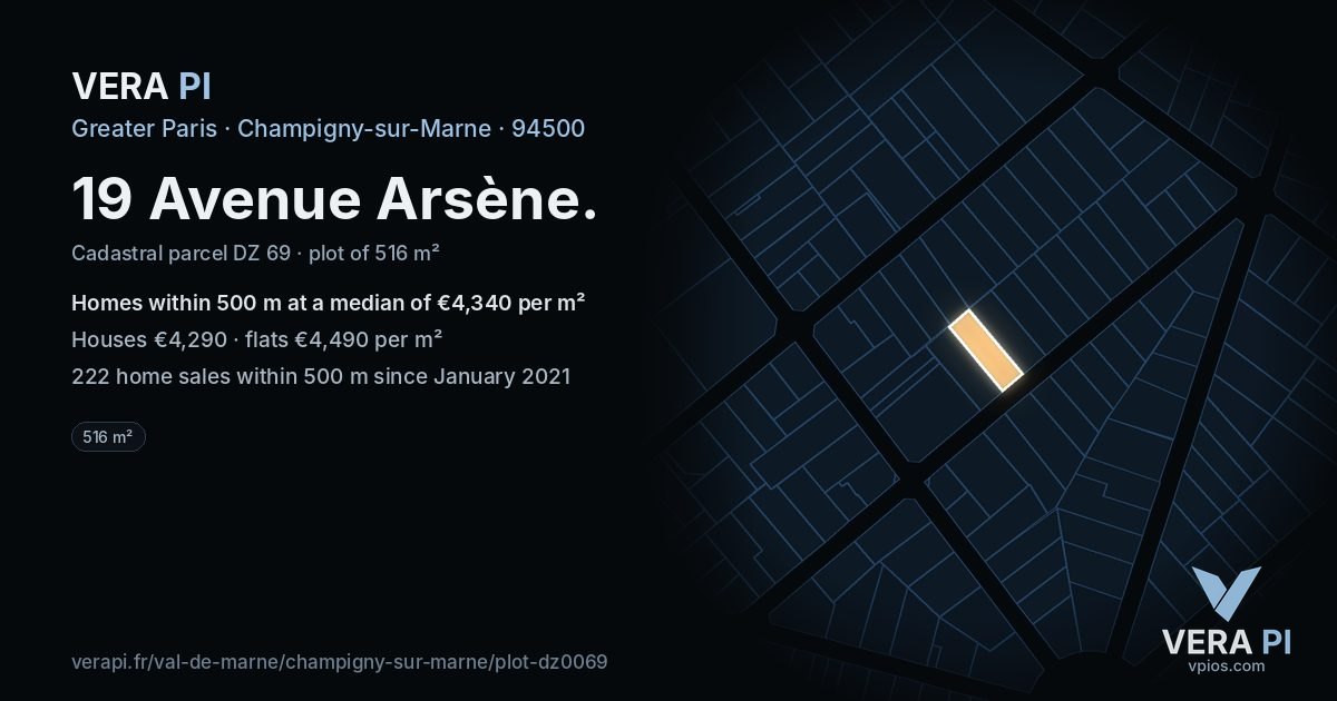 19 Avenue Arsène, Champigny-sur-Marne at night – the plot lit, the parcels around coloured by the prices near them