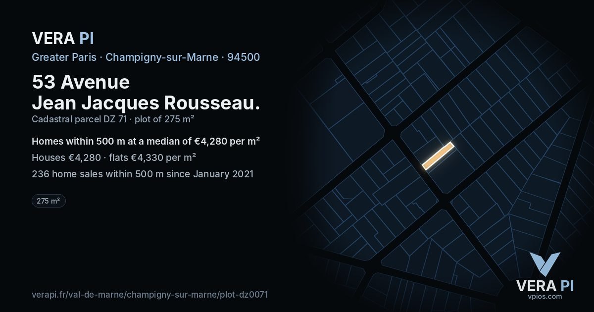 53 Avenue Jean Jacques Rousseau, Champigny-sur-Marne at night – the plot lit, the parcels around coloured by the prices near them