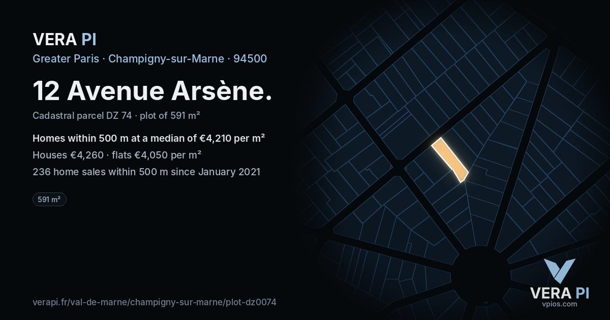 12 Avenue Arsène, Champigny-sur-Marne at night – the plot lit, the parcels around coloured by the prices near them