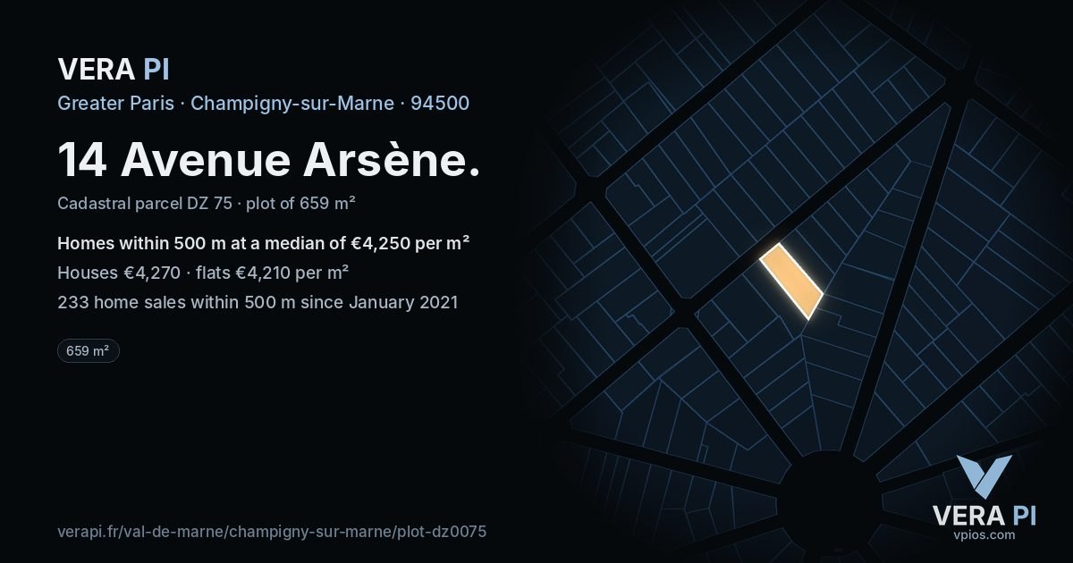 14 Avenue Arsène, Champigny-sur-Marne at night – the plot lit, the parcels around coloured by the prices near them