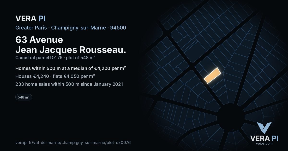 63 Avenue Jean Jacques Rousseau, Champigny-sur-Marne at night – the plot lit, the parcels around coloured by the prices near them