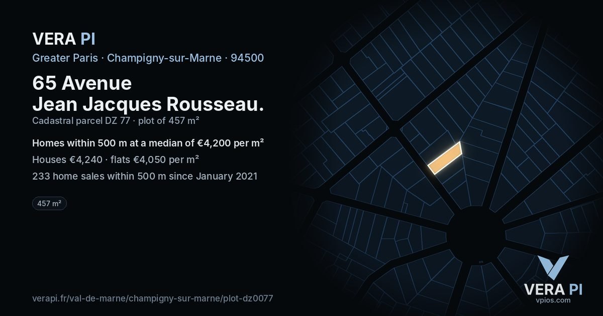 65 Avenue Jean Jacques Rousseau, Champigny-sur-Marne at night – the plot lit, the parcels around coloured by the prices near them