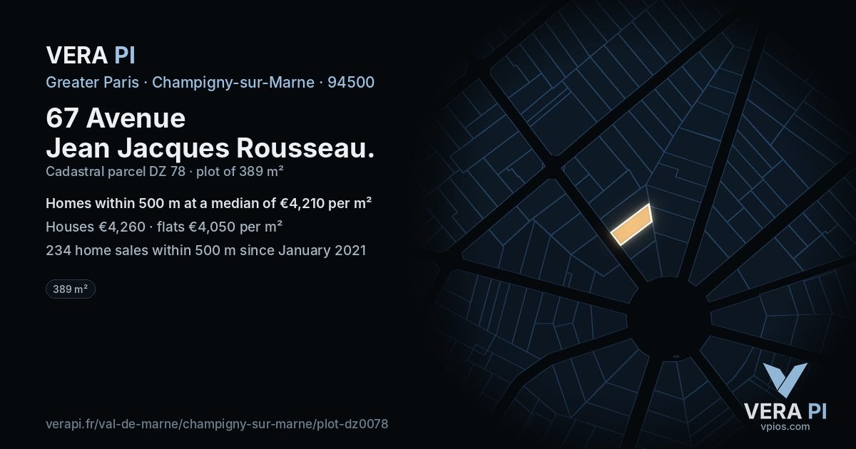67 Avenue Jean Jacques Rousseau, Champigny-sur-Marne at night – the plot lit, the parcels around coloured by the prices near them