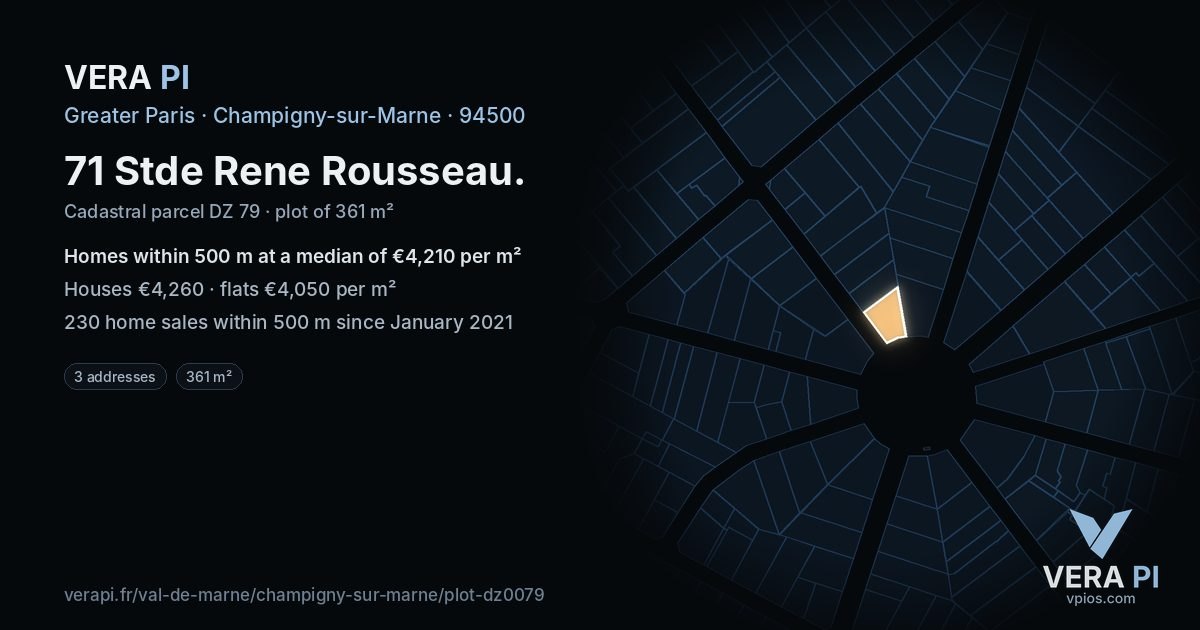 71 Stde Rene Rousseau, Champigny-sur-Marne at night – the plot lit, the parcels around coloured by the prices near them