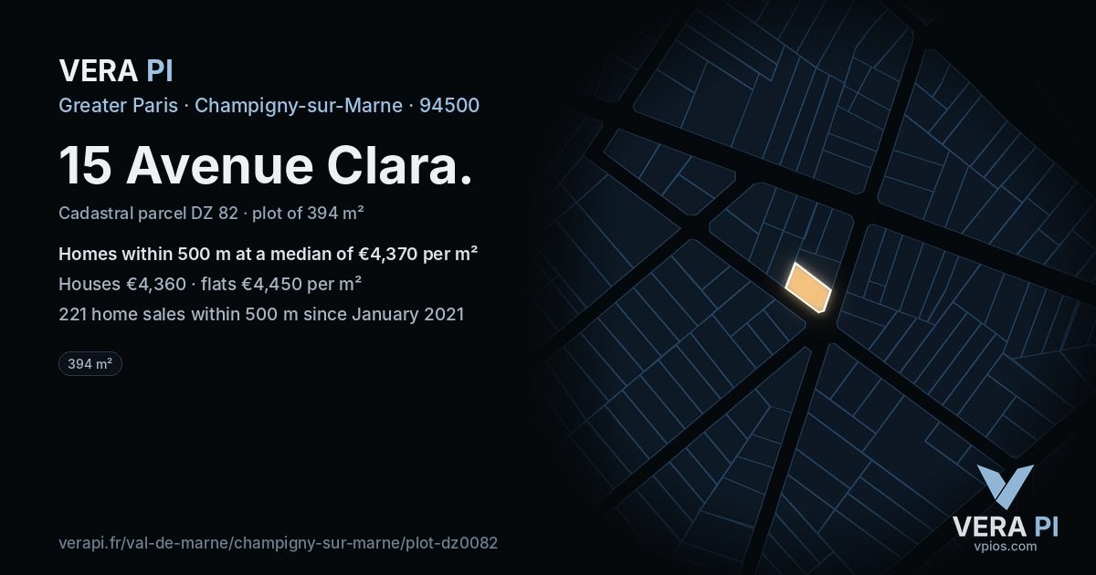 15 Avenue Clara, Champigny-sur-Marne at night – the plot lit, the parcels around coloured by the prices near them