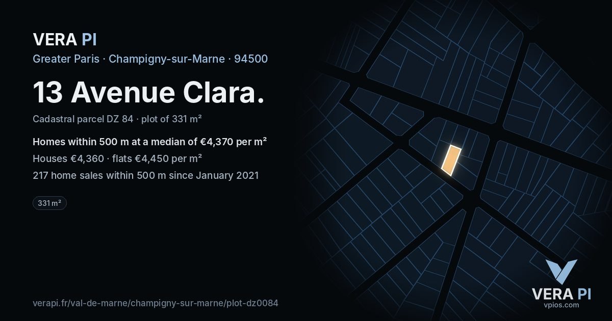 13 Avenue Clara, Champigny-sur-Marne at night – the plot lit, the parcels around coloured by the prices near them