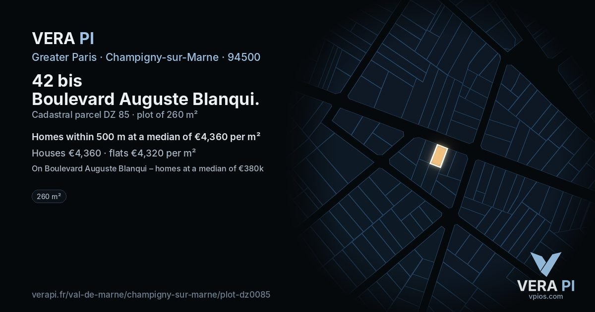 42 bis Boulevard Auguste Blanqui, Champigny-sur-Marne at night – the plot lit, the parcels around coloured by the prices near them