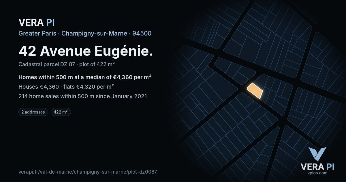 42 Avenue Eugénie, Champigny-sur-Marne at night – the plot lit, the parcels around coloured by the prices near them