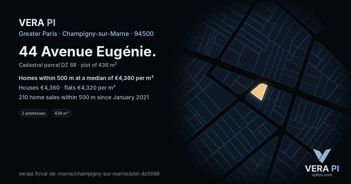 44 Avenue Eugénie, Champigny-sur-Marne at night – the plot lit, the parcels around coloured by the prices near them