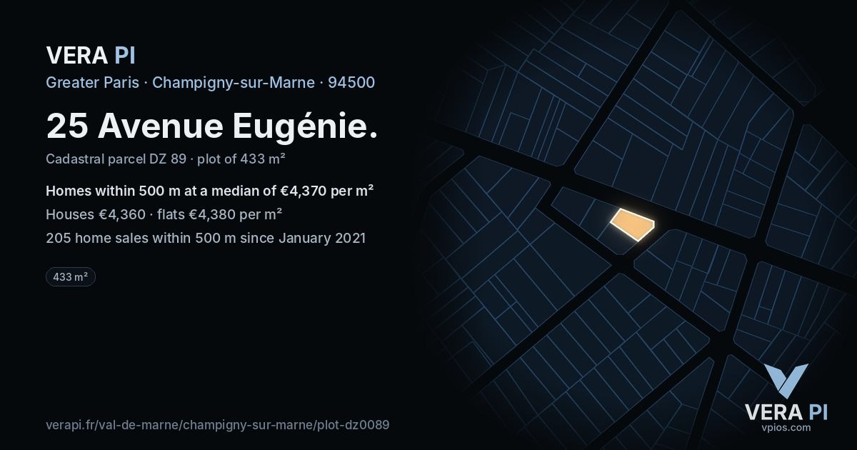 25 Avenue Eugénie, Champigny-sur-Marne at night – the plot lit, the parcels around coloured by the prices near them