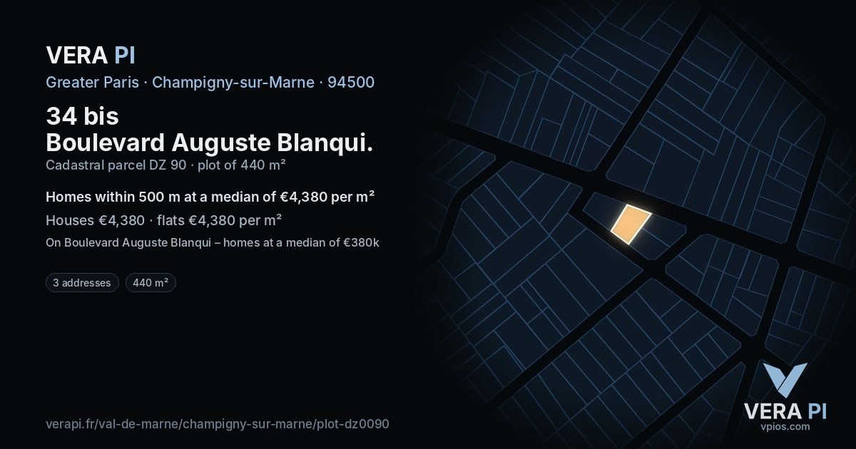 34 bis Boulevard Auguste Blanqui, Champigny-sur-Marne at night – the plot lit, the parcels around coloured by the prices near them
