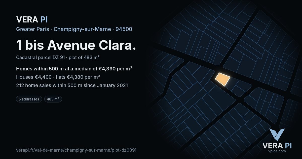 1 bis Avenue Clara, Champigny-sur-Marne at night – the plot lit, the parcels around coloured by the prices near them