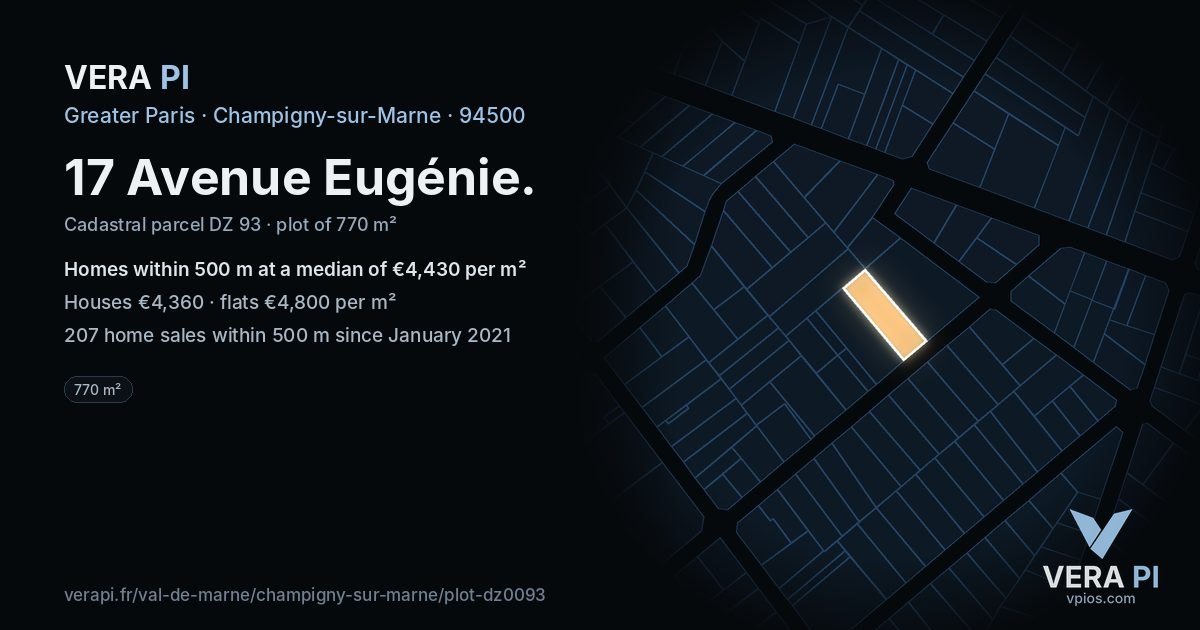 17 Avenue Eugénie, Champigny-sur-Marne at night – the plot lit, the parcels around coloured by the prices near them