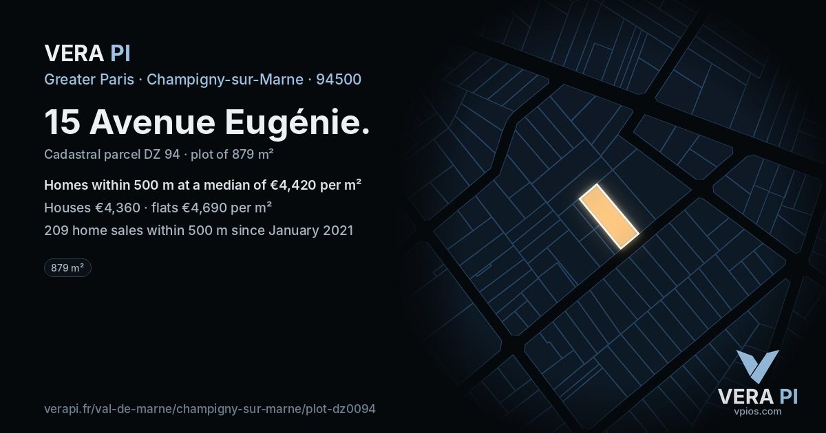 15 Avenue Eugénie, Champigny-sur-Marne at night – the plot lit, the parcels around coloured by the prices near them