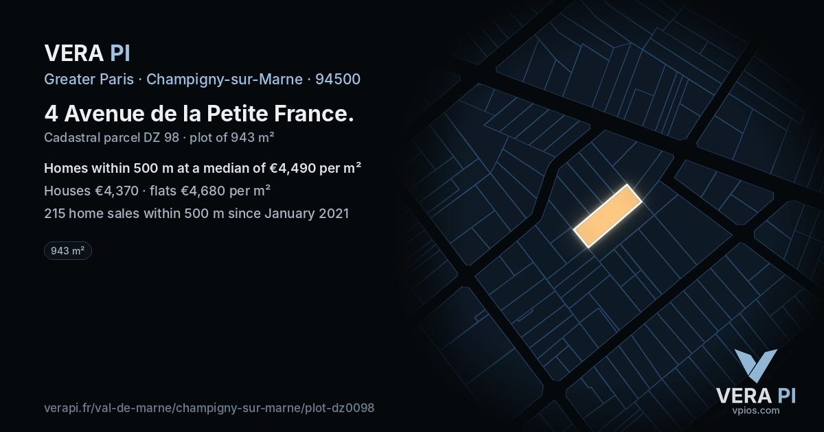 4 Avenue de la Petite France, Champigny-sur-Marne at night – the plot lit, the parcels around coloured by the prices near them