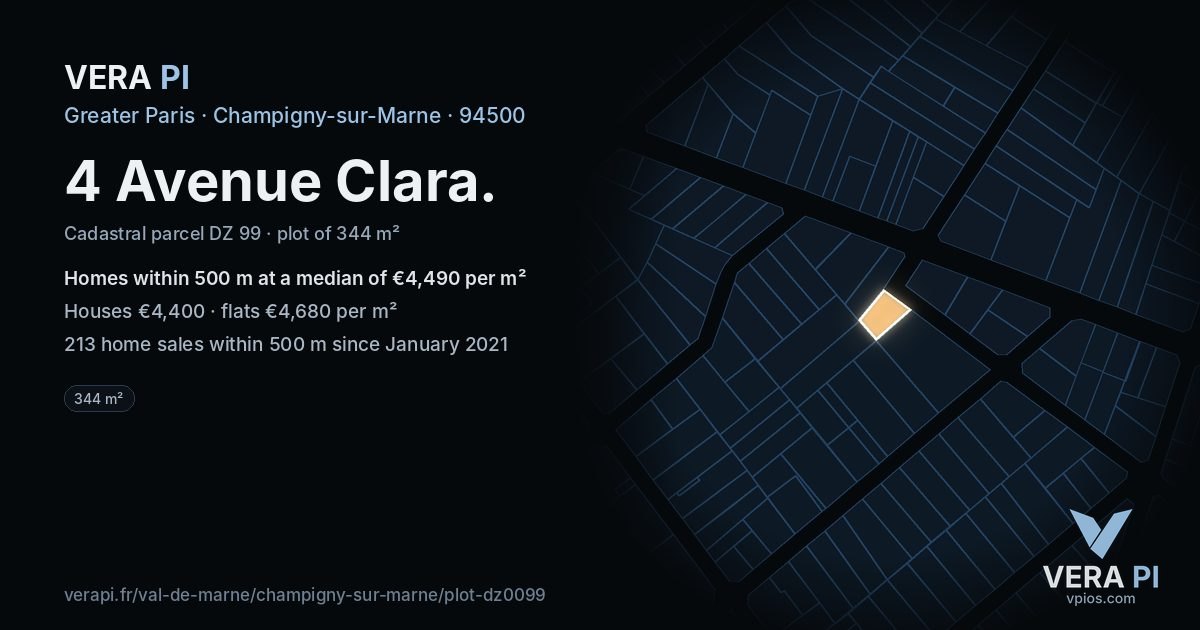 4 Avenue Clara, Champigny-sur-Marne at night – the plot lit, the parcels around coloured by the prices near them