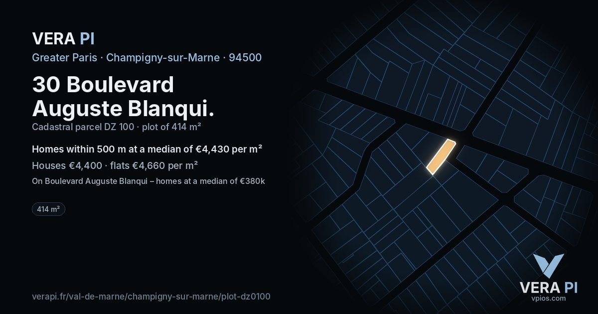 30 Boulevard Auguste Blanqui, Champigny-sur-Marne at night – the plot lit, the parcels around coloured by the prices near them