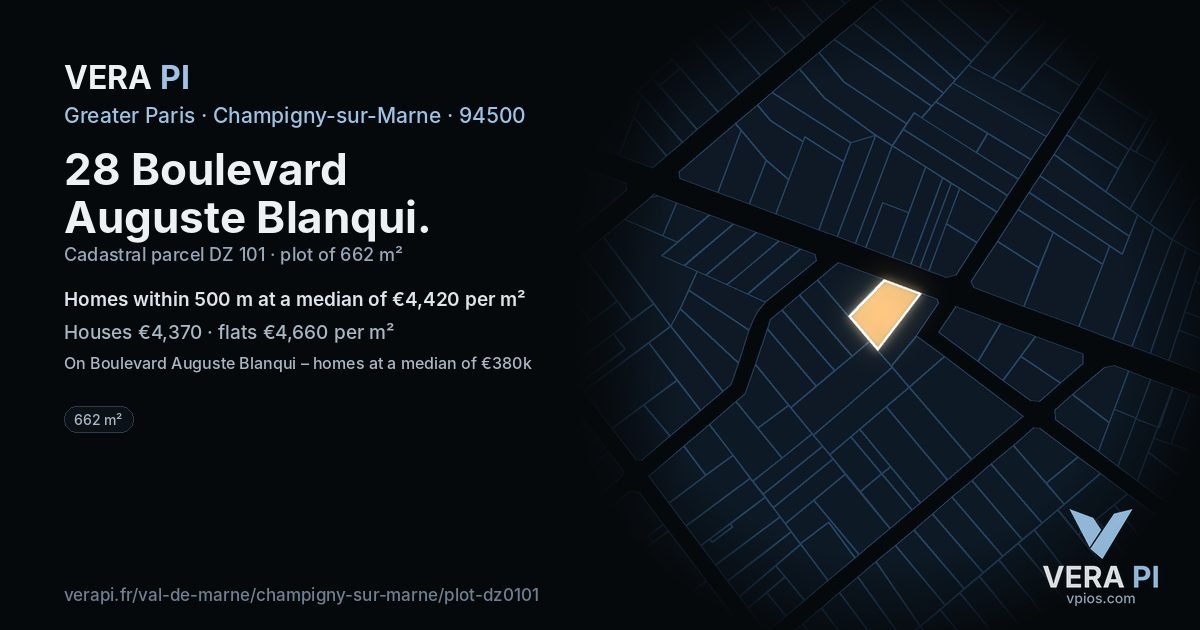 28 Boulevard Auguste Blanqui, Champigny-sur-Marne at night – the plot lit, the parcels around coloured by the prices near them