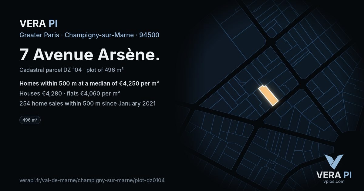 7 Avenue Arsène, Champigny-sur-Marne at night – the plot lit, the parcels around coloured by the prices near them