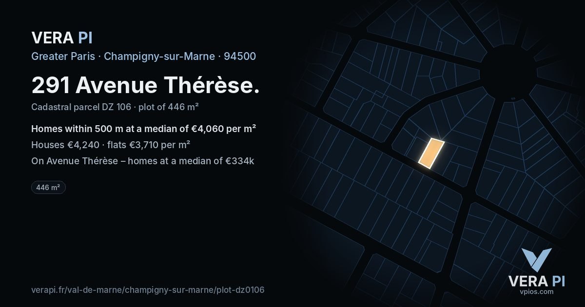 291 Avenue Thérèse, Champigny-sur-Marne at night – the plot lit, the parcels around coloured by the prices near them
