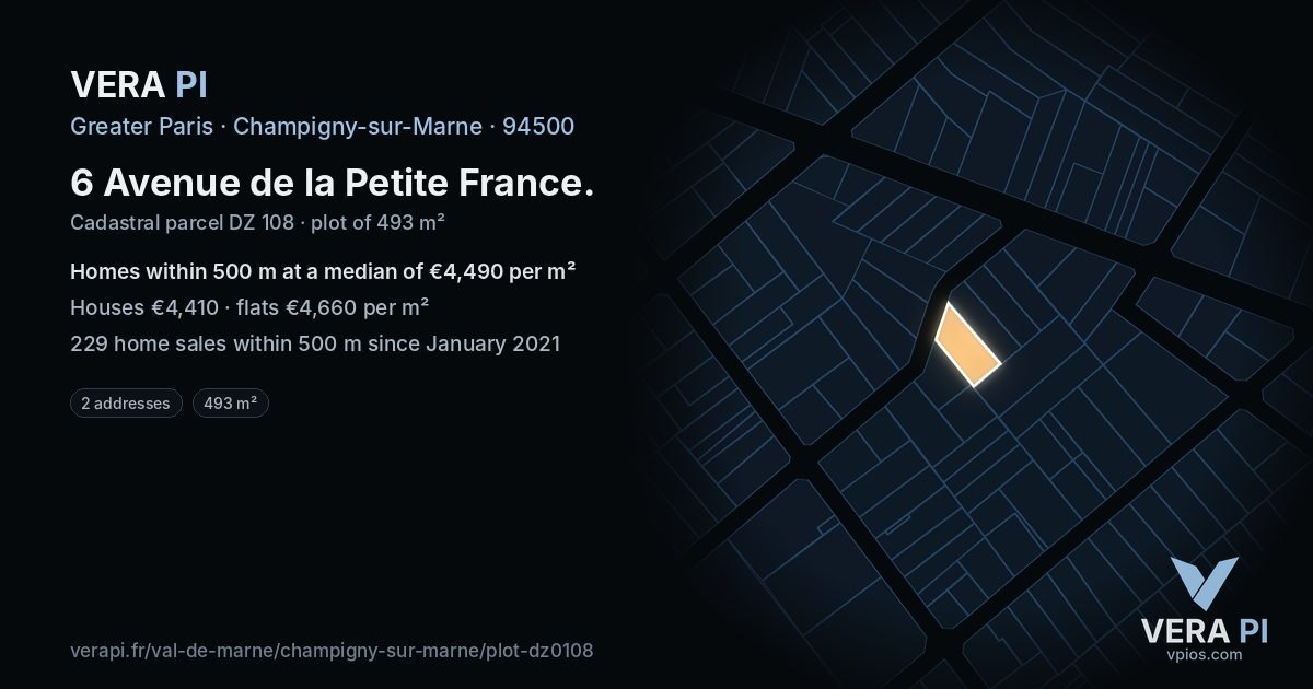 6 Avenue de la Petite France, Champigny-sur-Marne at night – the plot lit, the parcels around coloured by the prices near them