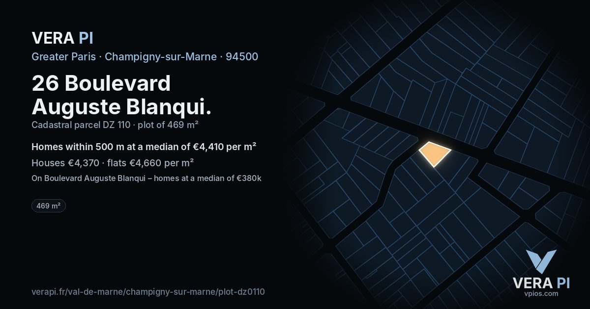 26 Boulevard Auguste Blanqui, Champigny-sur-Marne at night – the plot lit, the parcels around coloured by the prices near them